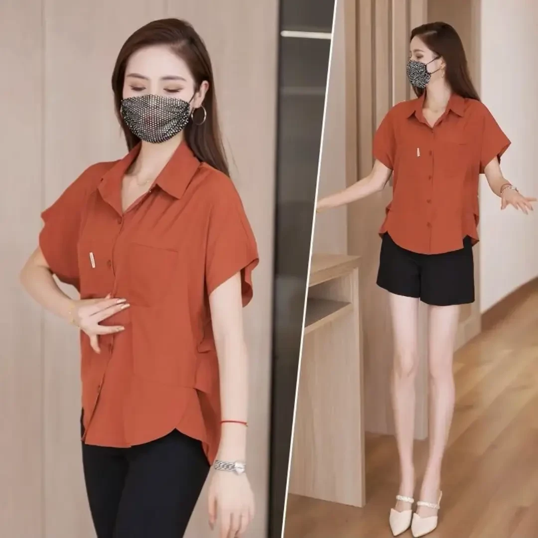 春夏新款时尚短袖百搭气质显瘦遮肚子薄款衬衫设计感宽松女上衣潮