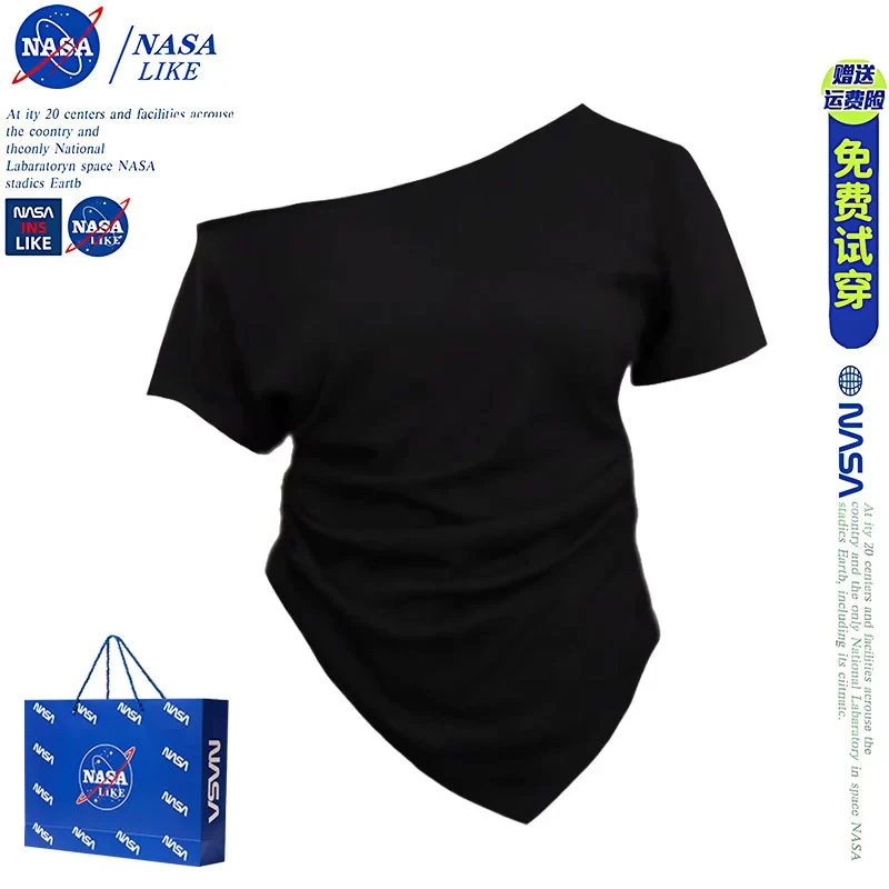 NASA甜辣妹黑色斜肩短袖T恤女夏季设计感不规则修身收腰显瘦上衣