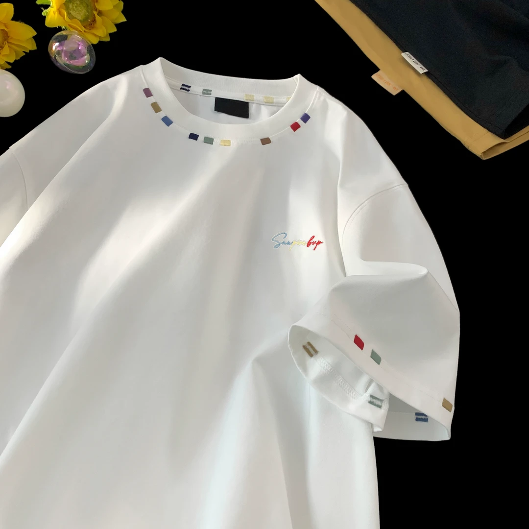 300克白色刺绣短袖t恤男款2025新款夏季穿搭青少年高级感宽松半袖