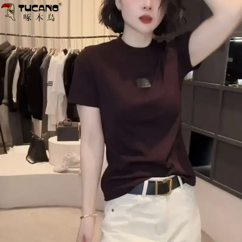 【啄木鸟】纯棉2025夏季新款纯色短袖T恤贴标设计时尚polo衫女士