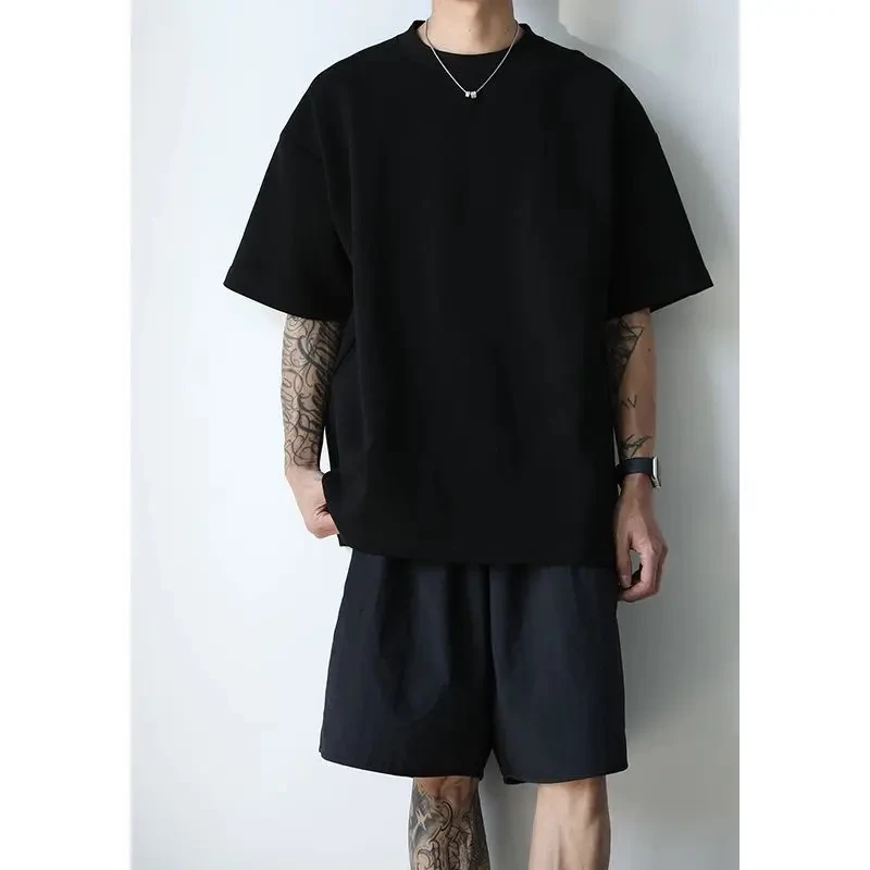 重磅纯棉短袖t恤男夏季潮流百搭宽松大码白色休闲圆领半袖打底衫