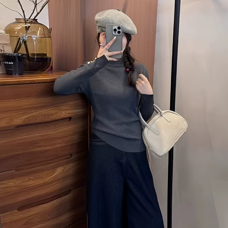 韩系感百搭打底衫女秋冬2024新款洋气减龄内搭外穿针织黑色
