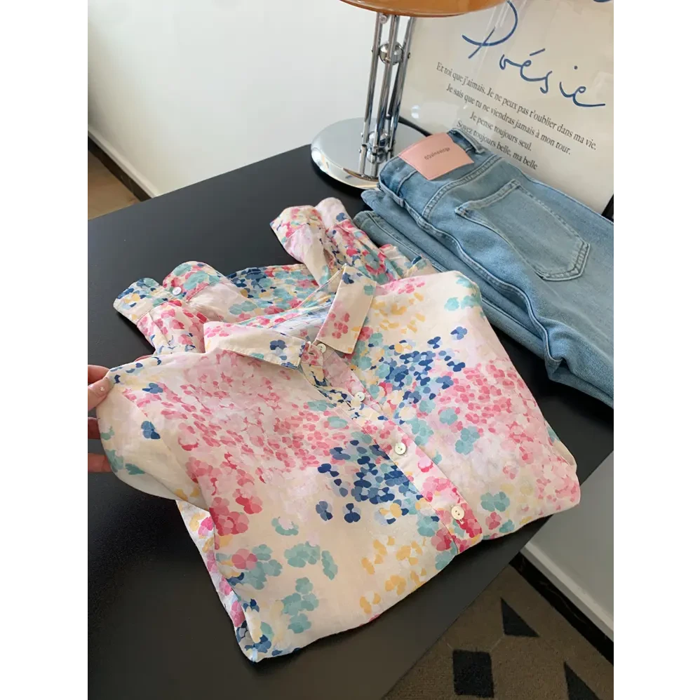 法式彩色碎花晕染长袖女士气质衬衣内搭打底炸街衬衫女款翻领春秋