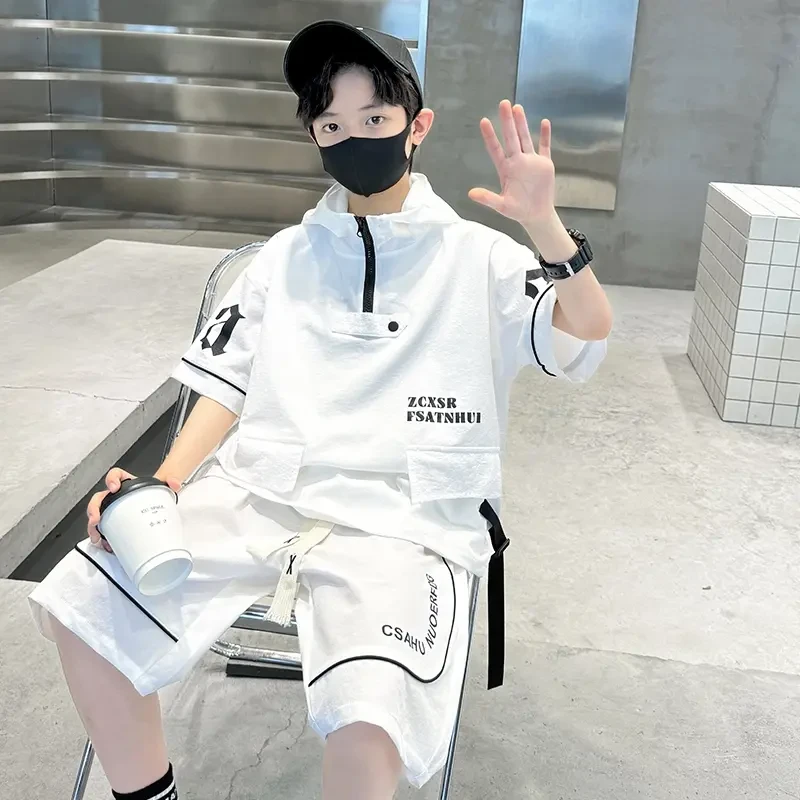男童白色连帽炸街短袖套装夏季2025新款儿童工装休闲两件套中大童