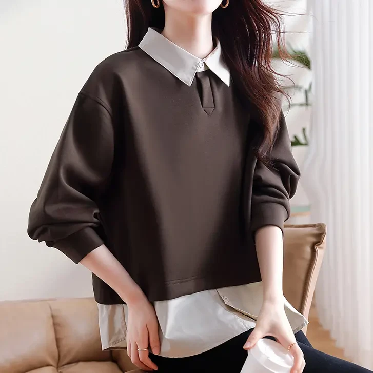 A096欧货秋款新款高级感百搭假两件卫衣女拼接衬衫设计感上衣