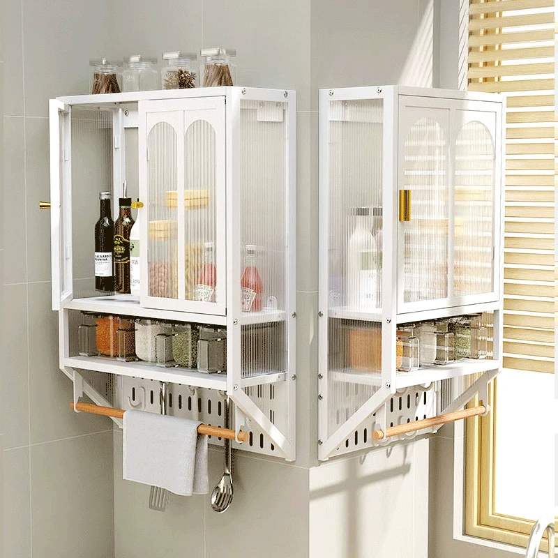厨房墙壁置物架免打孔壁挂式带门防尘调味品调料收纳柜墙上储物柜