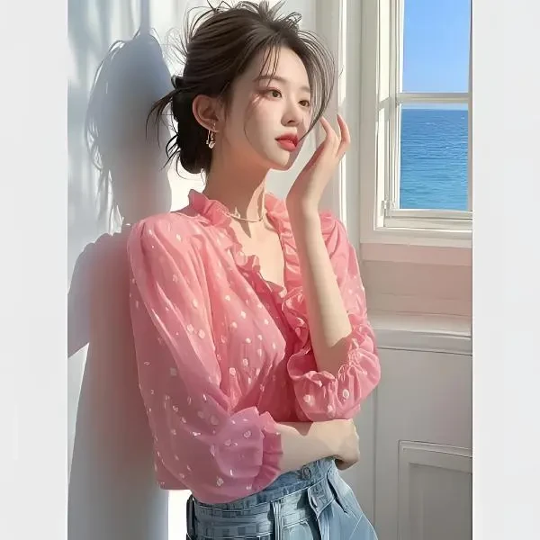 2025春洋里洋气木耳边衬衫设计感百搭超好看粉色波点雪纺上衣女装