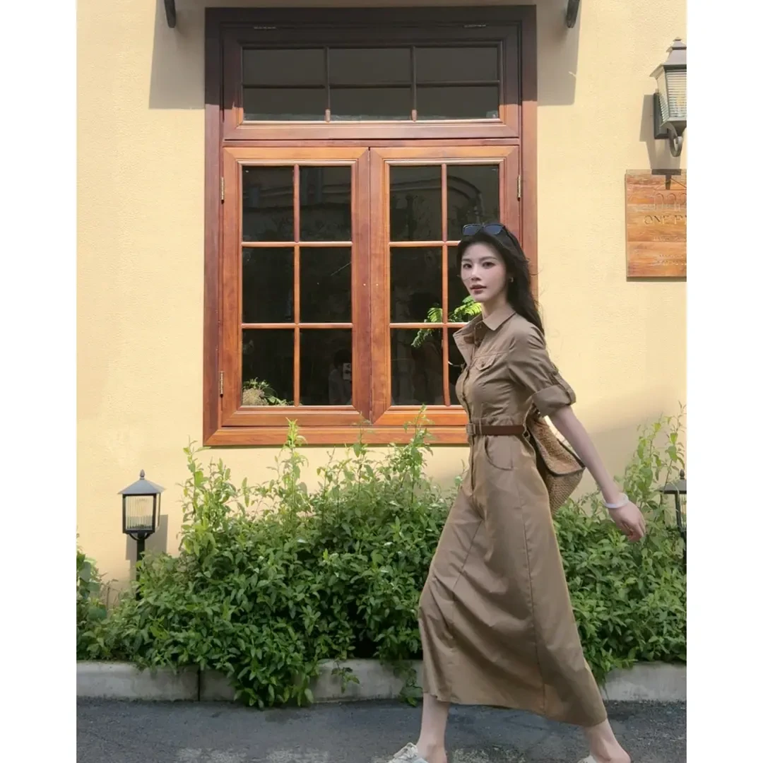 高知高级感复古气质时尚Polo领长裙女法式工装收腰显瘦长款连衣裙