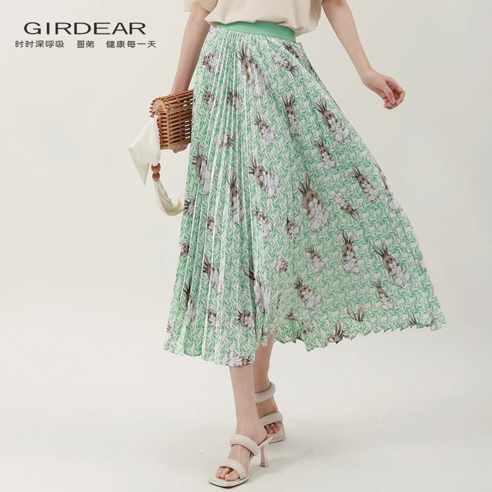 GIRDEAR哥弟夏季新款兔子字母印花嫩绿气质百搭半身裙女士1200133