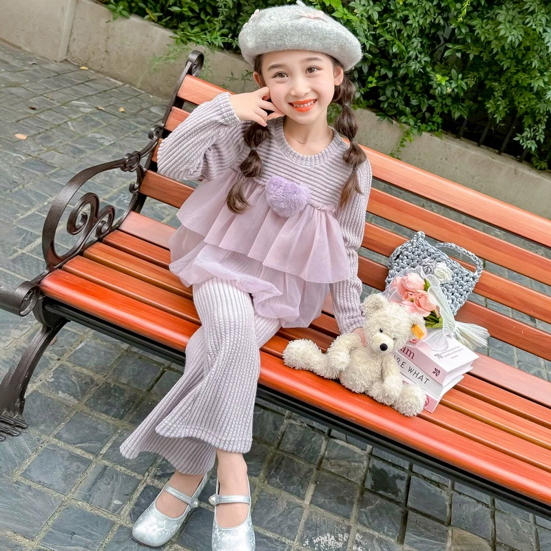 女童套装春秋2025新款洋气儿童时髦宝宝甜美长袖春装喇叭裤两件套