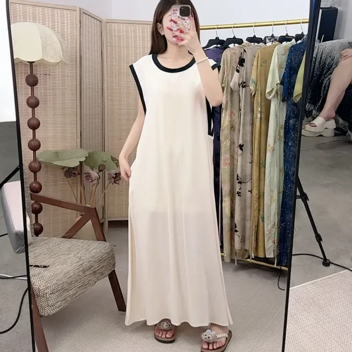 {花筵笑}2025圆领无袖拼接长裙连衣裙条纹格子女装