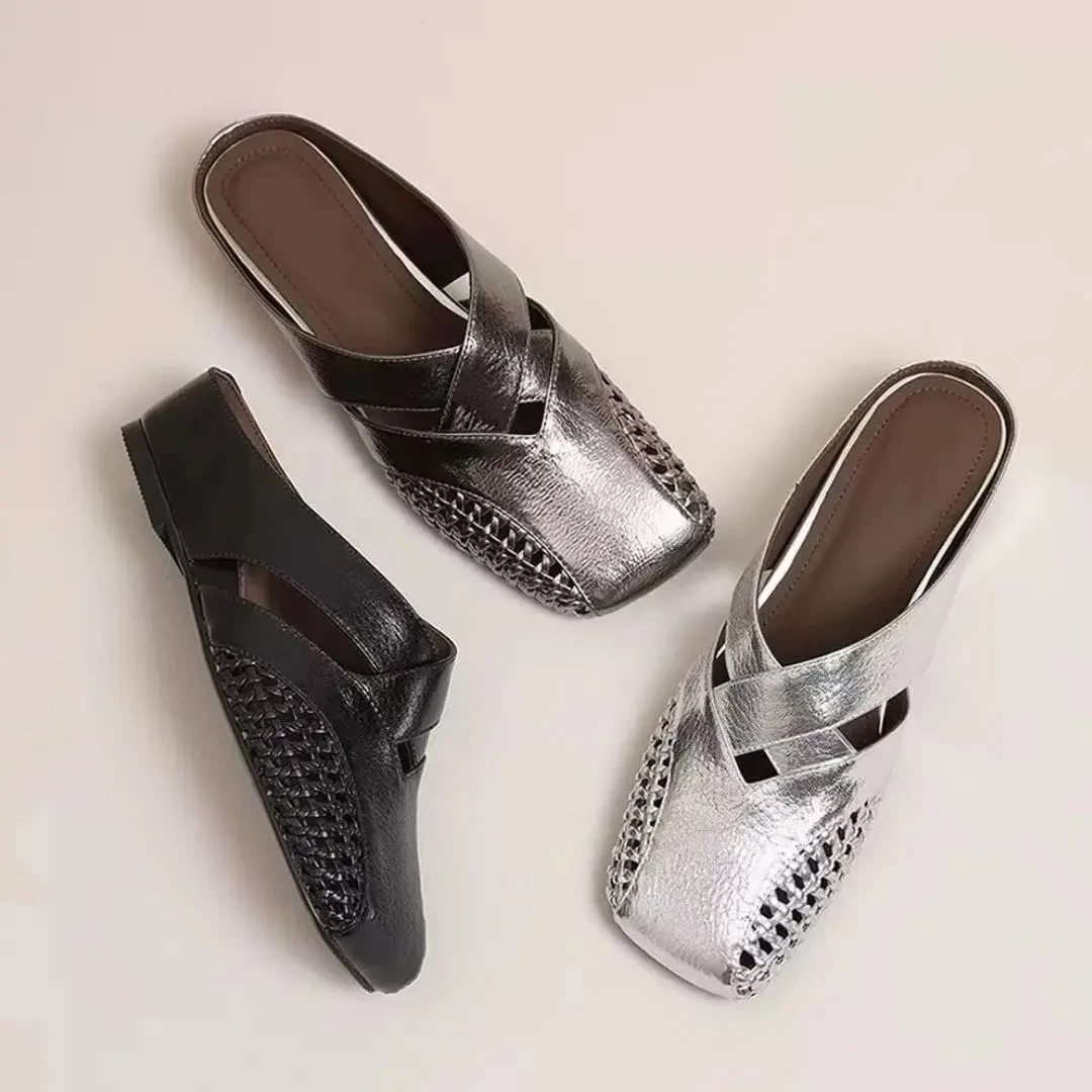 【有运费险】真皮简约包头半拖鞋女外穿时尚百搭编织镂空凉拖鞋