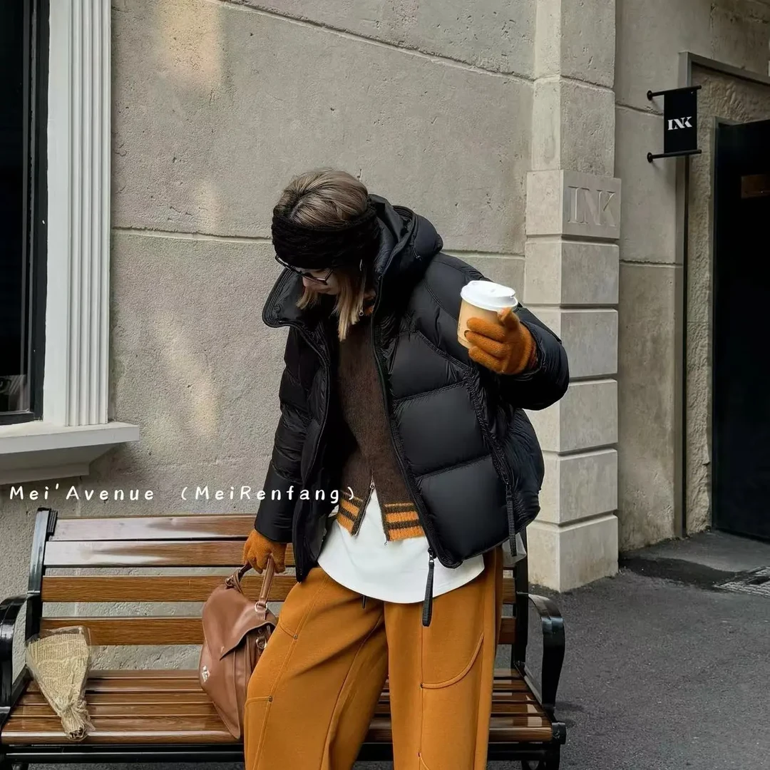 莱姆绿连帽短款加厚白鸭绒棉袄冬季新款面包服外套百搭显瘦