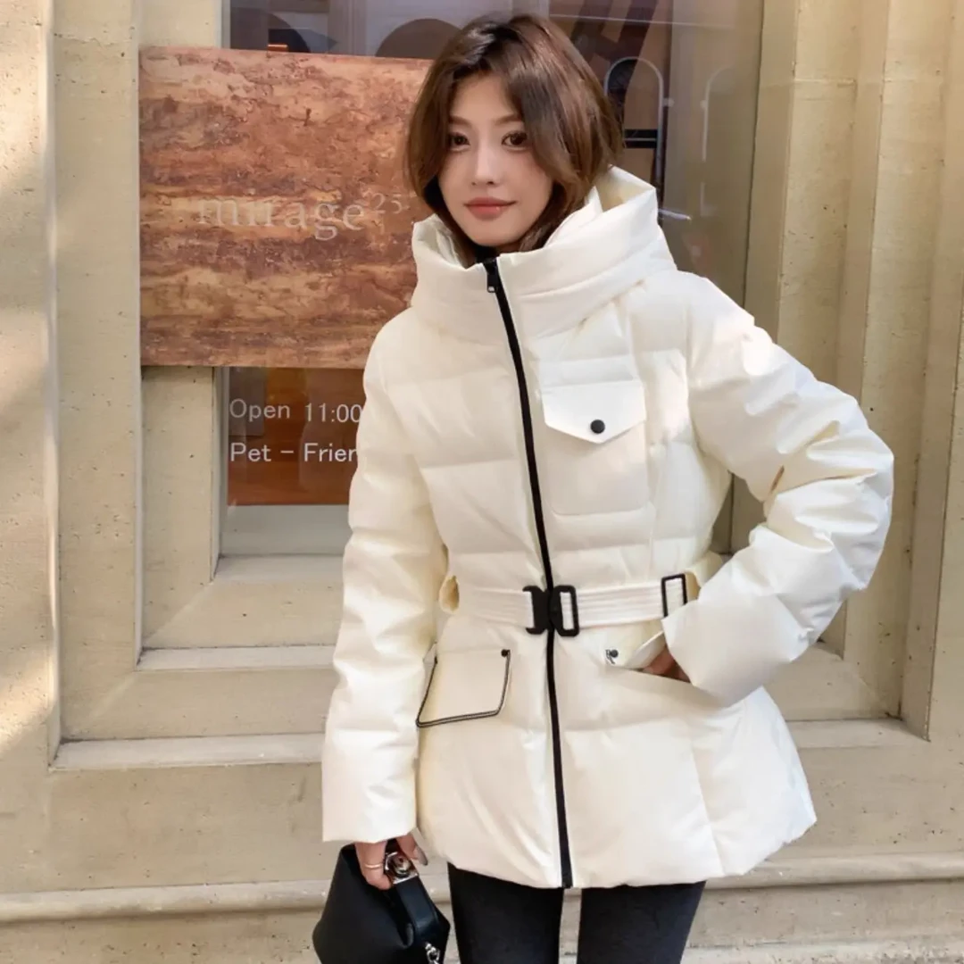 D035气质新款连帽腰带收腰中长款羽绒服女加厚显瘦白鸭绒冬季外套