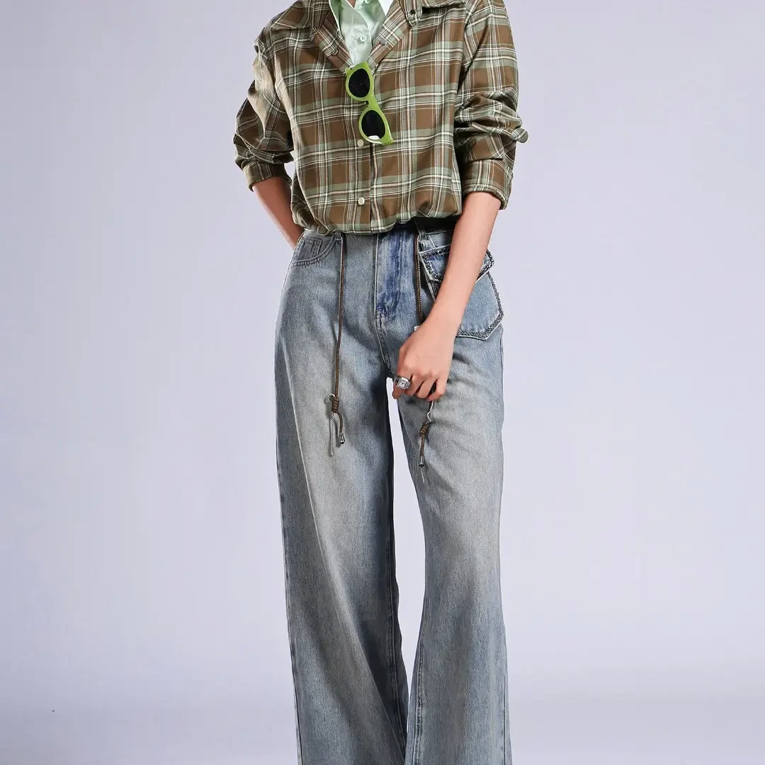 时尚休闲格纹衬衫牛仔裤套装完美街头风格搭配