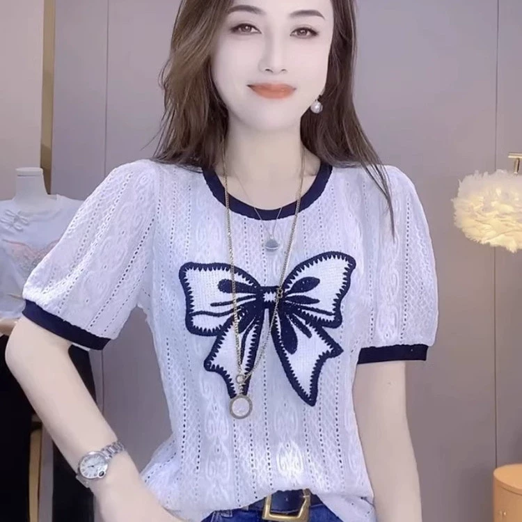 法式蝴蝶结短袖T恤女今年流行夏季2025年新款设计感洋气蕾丝上衣