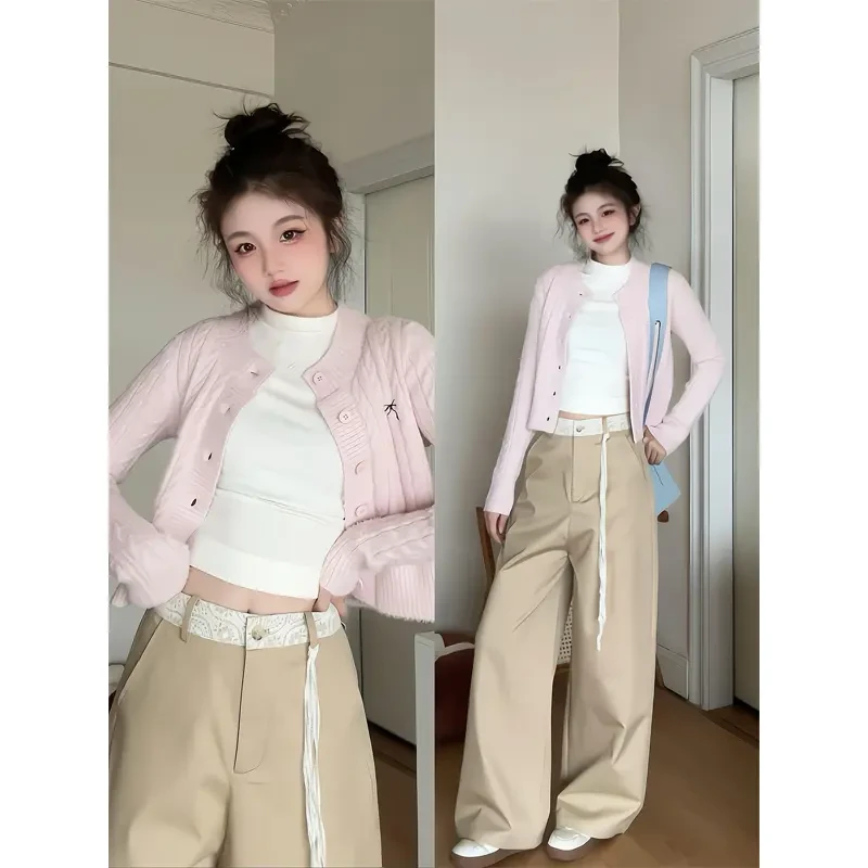 圆领开衫软糯毛衣条纹百搭休闲上衣卡其色蕾丝拼接西装阔腿裤裤子