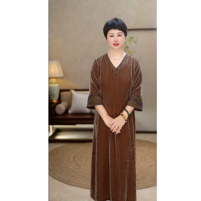 【100桑蚕丝真丝丝绒】2025年夏V领气质拼重磅桑蚕丝连衣裙A36141