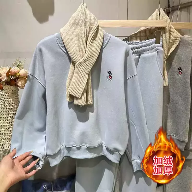 设计感新款刺绣加绒加厚慵懒风套装女宽松圆领围巾运动卫衣两件套