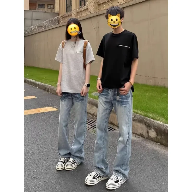 水洗蓝闪电纹牛仔裤男款夏季美式高街vibe微喇裤子复古潮牌直筒裤