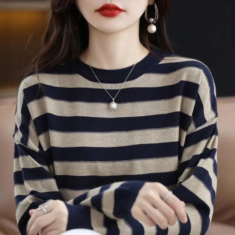 【柔软亲肤】90-190斤圆领安迪绒条纹长袖针织衫时尚宽松大码打底衫