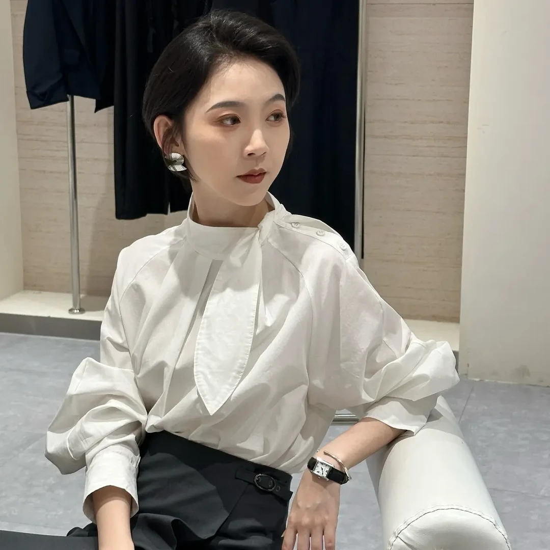 春秋轻熟风立领系带长袖衬衫时尚百搭小众高级感女装