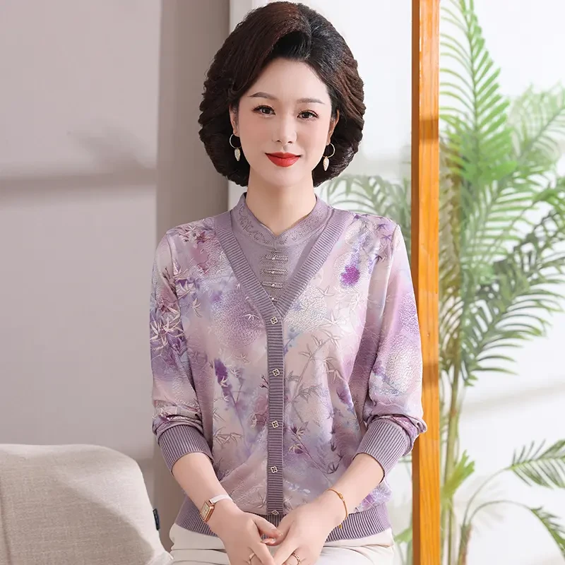 妈妈春装国风假两件针织衫气质新款长袖打底上衣女中老年春秋T恤