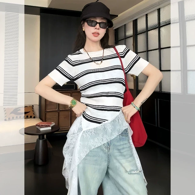 黑白条纹蕾丝荷叶边不规则短袖T恤女2025夏新款炸街独特漂亮上衣