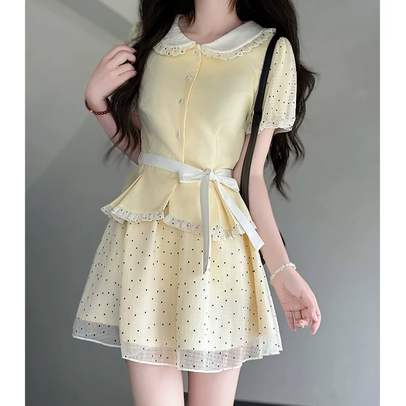 【唤纱】布丁熊原创JK制服黄色娃娃领上衣女学院风波点裙套装夏季