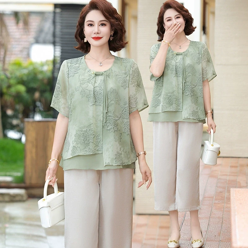 中年妈妈夏装雪纺衫短袖上衣2025新款中老年女装洋气小衫时尚套装