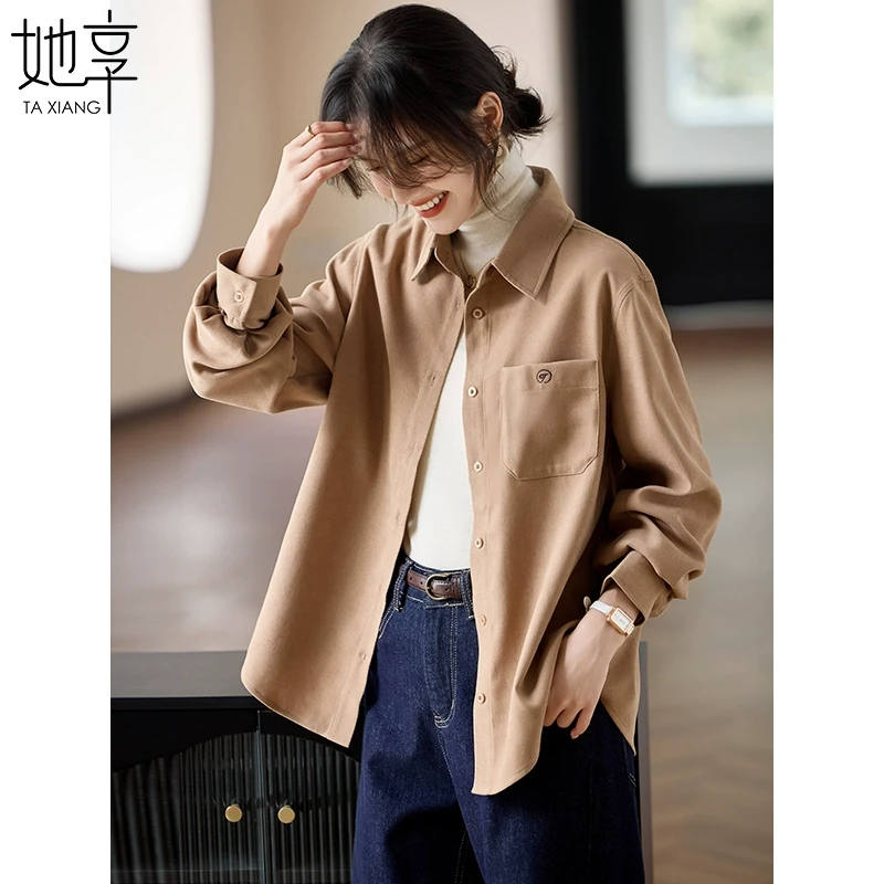 【她享】磨毛长袖衬衫女2024秋冬衬衣外套叠穿上衣T144C6001
