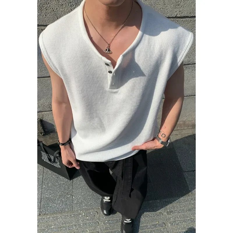 亨利领华夫格重磅无袖T恤背心男款夏季美式潮牌健身训练汗衫马甲