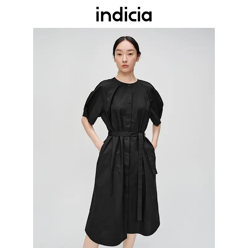 indicia标记商场基础款纯棉衬衫裙短袖腰带收腰通勤6B404LQ239C