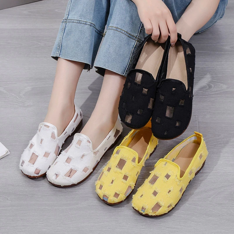 老北京布鞋2025新款平底单鞋牛筋底豆豆鞋网面镂空软底鞋子女B064