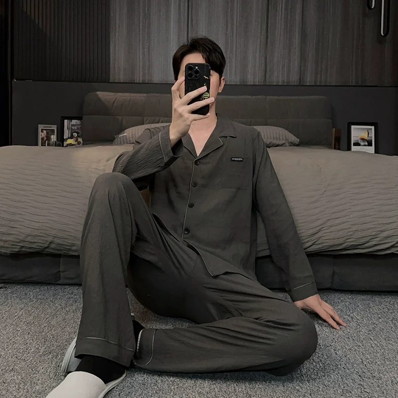 高级感睡衣男款春秋季长袖纯色新款云朵棉男士家居服大码休闲套装