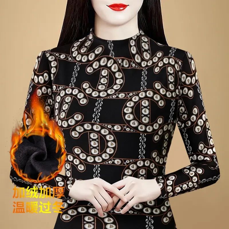 GF#8229 加绒加厚长袖打底衫女士春秋冬新款半高领网纱t恤上衣