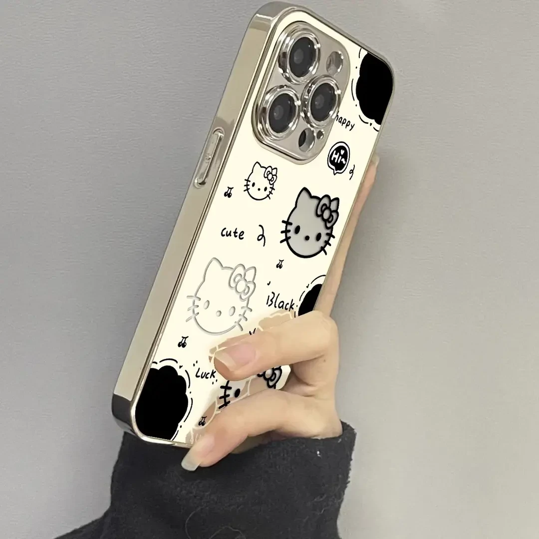 适用适用电镀银边满屏KT猫iPhone16promax苹果15手机壳全包14/13/