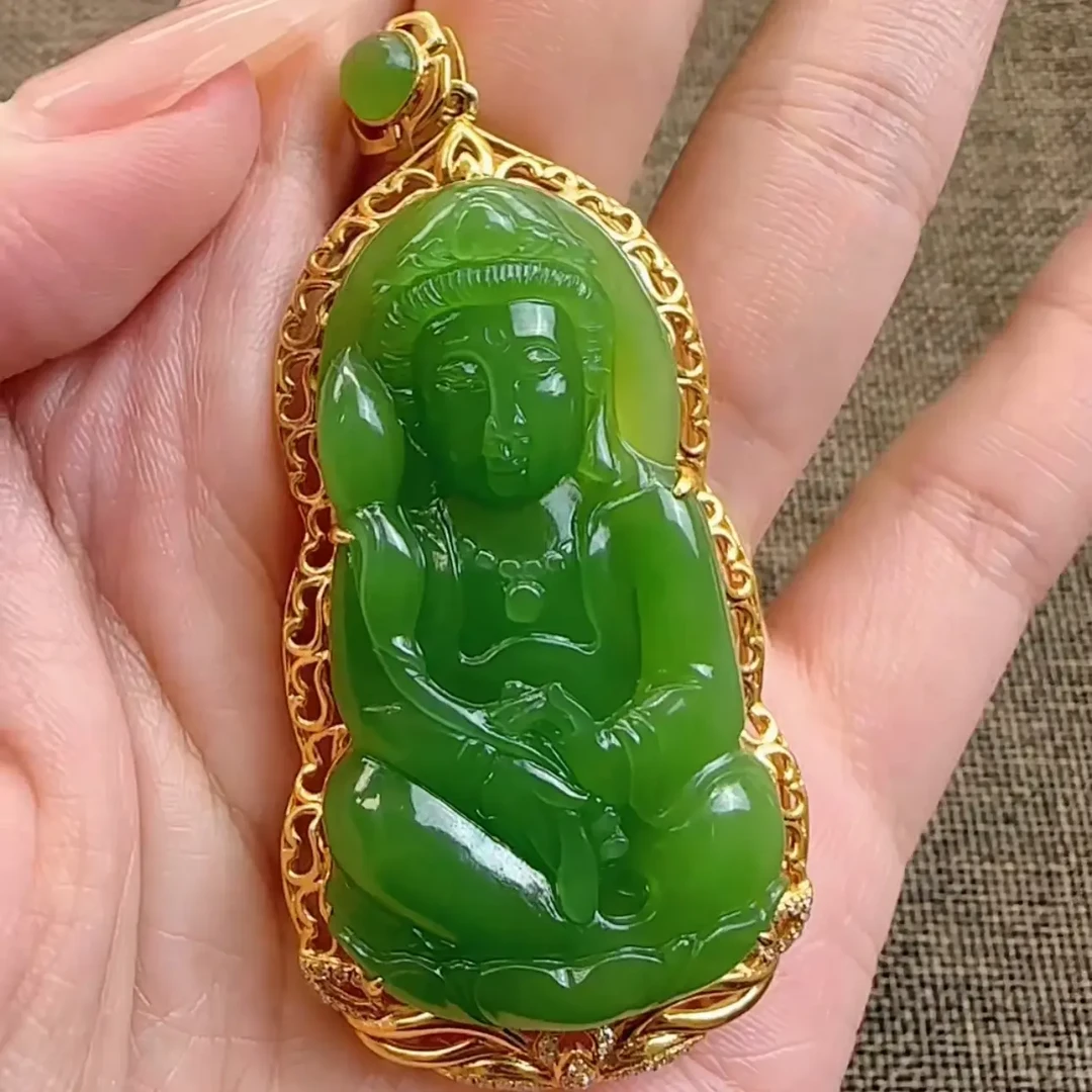 和田玉碧玉苹果绿观音吊坠(已结缘）