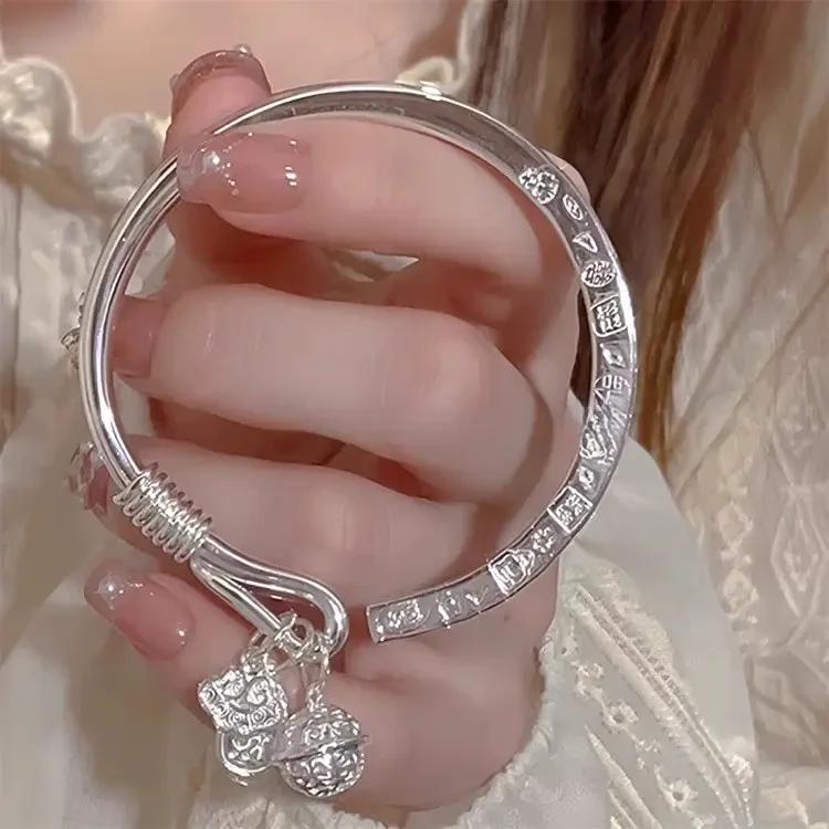 足银手镯 吉言三面福牌纯银手镯复古平安铃铛足银999镯子送女朋友