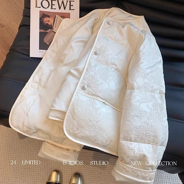 新中式提花圆领棉服外套女冬季大码胖mm宽松气质高级好看加厚棉衣