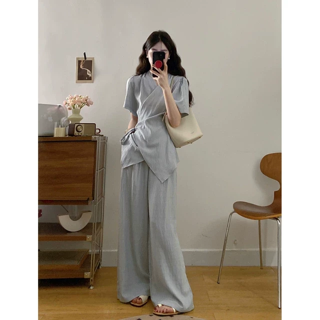 法式气质系带衬衫阔腿裤两件套女夏季大码胖mm轻熟小众不撞款套装