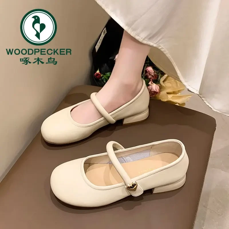 啄木鸟玛丽珍单鞋女配裙小皮鞋2025新款春季仙女风法式奶奶豆豆鞋