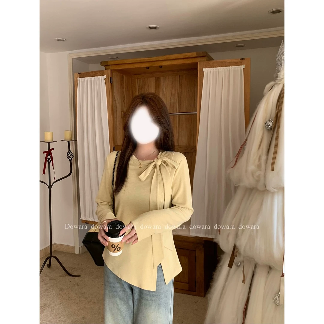 【8358桃】纯欲奶油黄修身打底衫女2025春季新款内搭长袖上衣小众