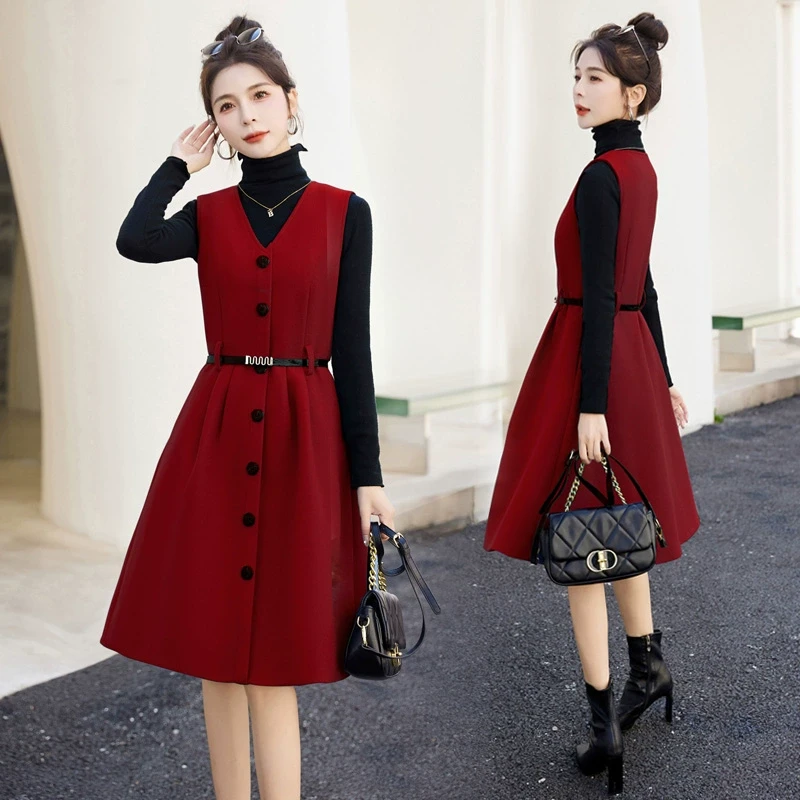 时尚潮流2025年春季单排扣V领显瘦毛呢背心裙无袖连衣裙配腰带