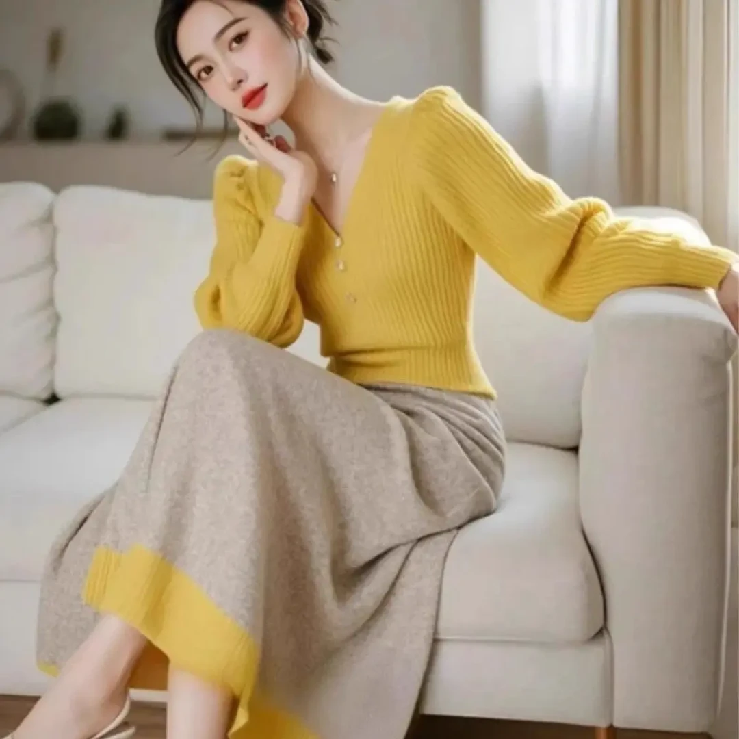 巨好看的冬装一整套小个子森系减龄多巴胺黄色针织衫半身裙套装女