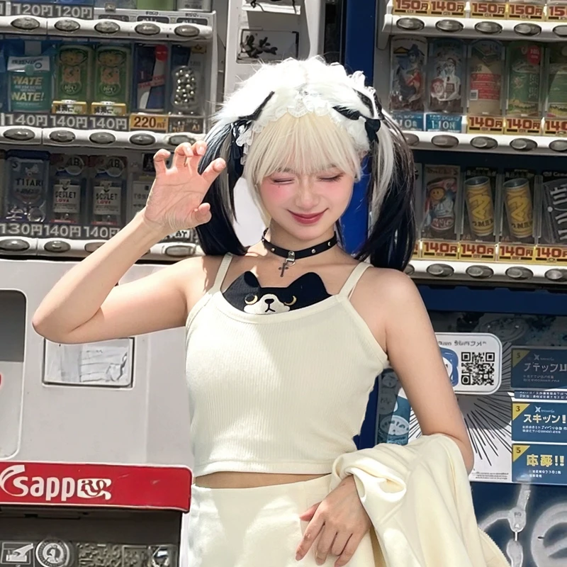 森女部落原创童趣减龄猫猫图案修身小吊带女2025春季新款