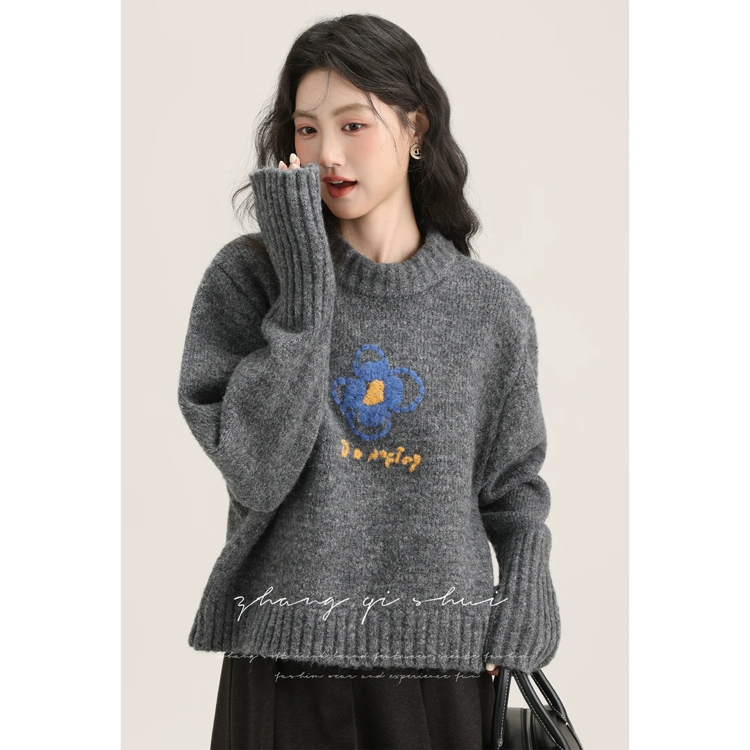 【ZBT直播间】复古加厚灰色外穿毛衣女圆领宽松慵懒风Z13719