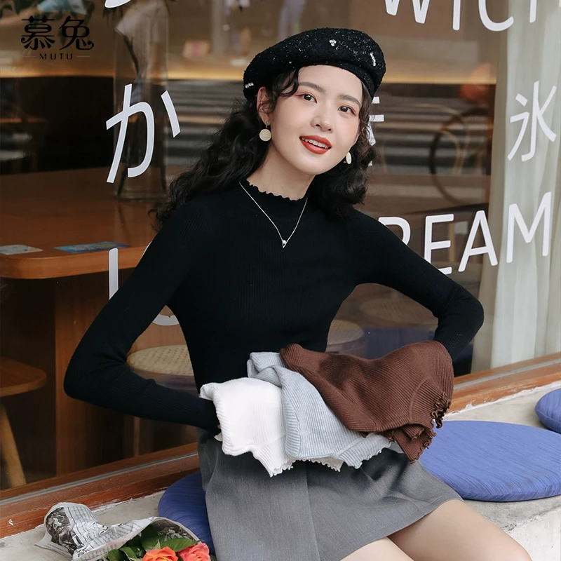 慕兔百搭黑色打底针织衫女秋季2024新款荷叶边半高领长袖内搭上衣