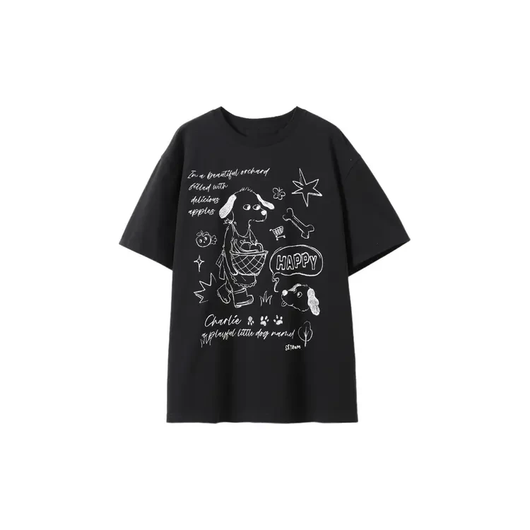 西町村屋趣味小狗线描印花T恤女装夏季新款休闲短袖上衣CAAB10009