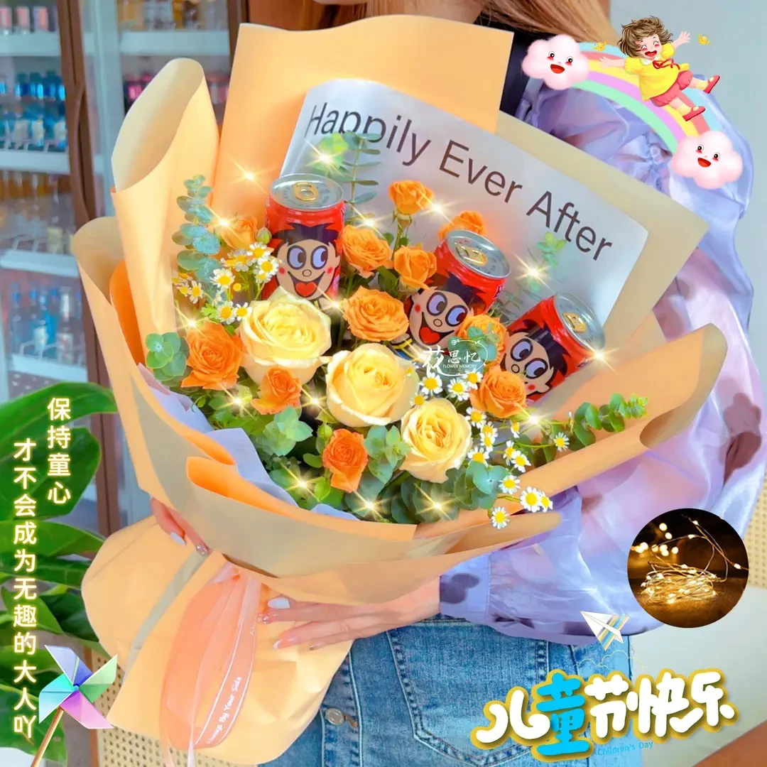 六一·童心未泯【3朵香槟玫瑰3瓶旺仔混搭花束】儿童节过六一礼物